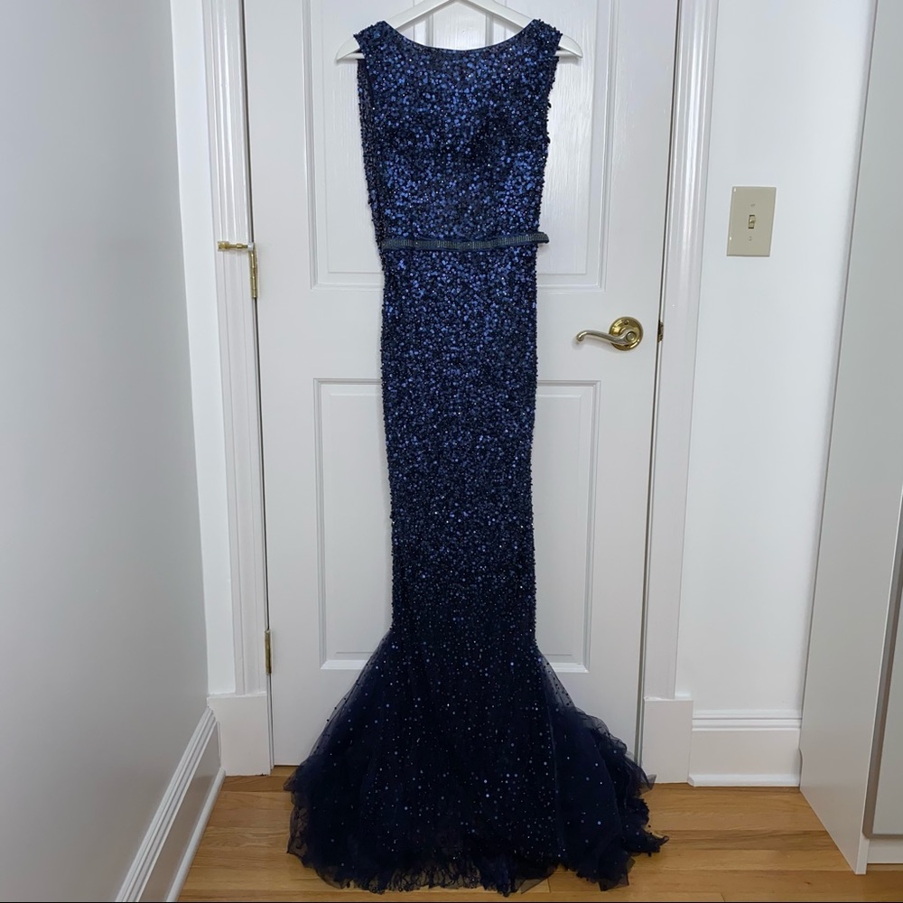 Sherri Hill Navy Sequin Evening Gown - Picture 4 of 12